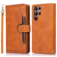 For Samsung Galaxy S22 Ultra 5G Wrist Strap Magnetic Clasp Anti-fall Protection Case Split Leather Stand Phone Cover with Multiple Card Slots - Brown