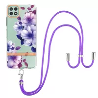 For Samsung Galaxy A22 5G (EU Version) YB IMD-9 Series Lanyard Design Soft TPU Case Flower Pattern IMD IML Electroplating Phone Cover - HC004 Purple Begonia