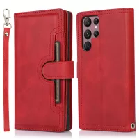 For Samsung Galaxy S22 Ultra 5G Wrist Strap Magnetic Clasp Anti-fall Protection Case Split Leather Stand Phone Cover with Multiple Card Slots - Red