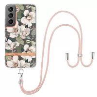 For Samsung Galaxy S22 5G YB IMD-9 Series TPU Phone Case Electroplating IMD IML Flower Pattern Mobile Phone Shell and Lanyard - HC001 Green Gardenia