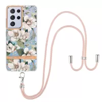 For Samsung Galaxy S21 Ultra 5G YB IMD-9 Series Flower Pattern Electroplating Flexible TPU Cover IMD IML Lanyard Phone Case - HC001 Green Gardenia