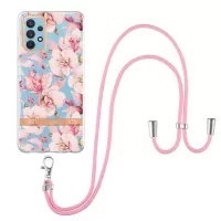YB IMD-9 Series Electroplating TPU Phone Case for Samsung Galaxy A32 4G (EU Version), Lanyard Design Flower Pattern IMD IML Cellphone Cover - HC005 Pink Gardenia