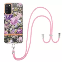 For Samsung Galaxy A02s (166.5x75.9x9.2mm) YB IMD-9 Series Flower Pattern Phone Case Lanyard Style Electroplating IMD TPU Shockproof Protection Cover - HC006 Purple Peony