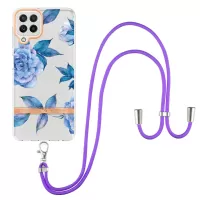 For Samsung Galaxy A22 4G (EU Version)/M32 (Global Version) YB IMD-9 Series Flower Pattern IMD IML Electroplating TPU Phone Case with Adjustable Lanyard - HC003 Blue Peony