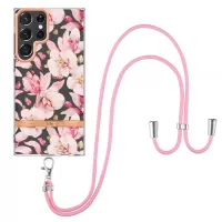 For Samsung Galaxy S22 Ultra 5G YB IMD-9 Series Flower Pattern TPU Case Electroplating IMD IML Anti-fall Phone Cover with Lanyard - HC005 Pink Gardenia