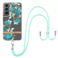 For Samsung Galaxy S22 5G YB IMD-9 Series TPU Phone Case Electroplating IMD IML Flower Pattern Mobile Phone Shell and Lanyard - HC002 Blue Rose