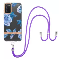 For Samsung Galaxy A02s (166.5x75.9x9.2mm) YB IMD-9 Series Flower Pattern Phone Case Lanyard Style Electroplating IMD TPU Shockproof Protection Cover - HC003 Blue Peony