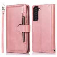 For Samsung Galaxy S22 5G Split Leather Stand Multiple Card Slots Case Wallet Phone Cover with Hand Strap - Rose Gold