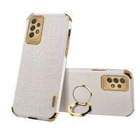 For Samsung Galaxy A53 5G 6D Electroplated Finger Ring Kickstand Case Crocodile Texture Anti-drop Stylish Leather Coated TPU Phone Case - White