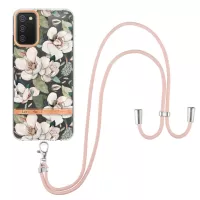 For Samsung Galaxy A02s (166.5x75.9x9.2mm) YB IMD-9 Series Flower Pattern Phone Case Lanyard Style Electroplating IMD TPU Shockproof Protection Cover - HC001 Green Gardenia