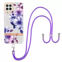 For Samsung Galaxy A22 4G (EU Version)/M32 (Global Version) YB IMD-9 Series Flower Pattern IMD IML Electroplating TPU Phone Case with Adjustable Lanyard - HC004 Purple Begonia