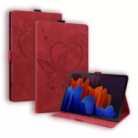 For Samsung Galaxy Tab S7 / Galaxy Tab S8 PU Leather Imprinted Butterfly Flip Tablet Case Card Slots Stand Shockproof Protection Cover with Pen Holder - Red