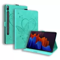 For Samsung Galaxy Tab S7 / Galaxy Tab S8 PU Leather Imprinted Butterfly Flip Tablet Case Card Slots Stand Shockproof Protection Cover with Pen Holder - Cyan