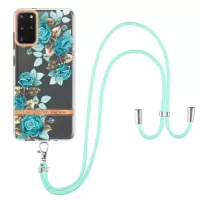 For Samsung Galaxy S20 Plus 4G/5G YB IMD-9 Series IMD IML Electroplating TPU Phone Case Flower Pattern Cover with Lanyard - HC002 Blue Rose