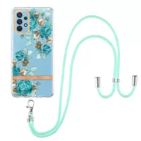 YB IMD-9 Series Electroplating TPU Phone Case for Samsung Galaxy A32 4G (EU Version), Lanyard Design Flower Pattern IMD IML Cellphone Cover - HC002 Blue Rose