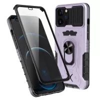 Ring Kickstand PC + TPU Hybrid Phone Case for iPhone 12 6.1 inch/12 Pro 6.1 inch, Tempered Glass Film Full Protection Cover - Light Purple