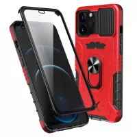 For iPhone 12 Pro Max 6.7 inch Kickstand PC + TPU Full Protection Phone Case Cover with Lens Slide Cover and Tempered Glass Film - Red