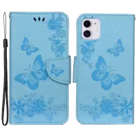Imprint Butterfly Flower Leather Wallet Case for iPhone 11 6.1 inch (2019) with Foldable Stand - Blue