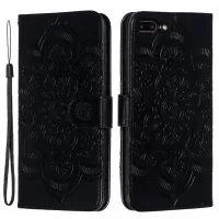 Imprint Mandala Flower Wallet Stand Flip Leather Case with Strap for iPhone 8 Plus/7 Plus 5.5 inch - Black