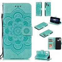 Imprint Mandala Flower Stand Wallet Leather Case for Samsung Galaxy A20e Anti-Scratch Phone Accessory - Cyan