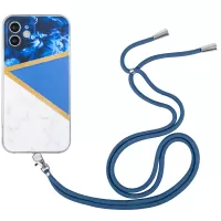 For iPhone 12 6.1 inch Straight Edge Soft TPU Phone Case Camera Protection Marble Pattern Printing Back Cover with Lanyard - Dark Blue