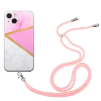 For iPhone 13 6.1 inch Marble Pattern Printing TPU Case Precise Cutouts Shockproof Straight Edge Slim Phone Cover with Long Lanyard - Pink