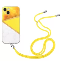 For iPhone 13 6.1 inch Marble Pattern Printing TPU Case Precise Cutouts Shockproof Straight Edge Slim Phone Cover with Long Lanyard - Yellow