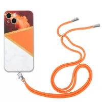 For iPhone 13 6.1 inch Marble Pattern Printing TPU Case Precise Cutouts Shockproof Straight Edge Slim Phone Cover with Long Lanyard - Orange