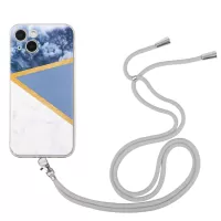For iPhone 13 6.1 inch Marble Pattern Printing TPU Case Precise Cutouts Shockproof Straight Edge Slim Phone Cover with Long Lanyard - Grey