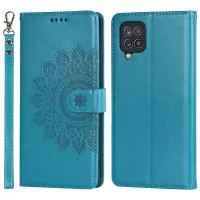 For Samsung Galaxy A42 5G R61 Texture Felled Seam Pattern Imprinted PU Leather Phone Case with Stand Wallet - Blue