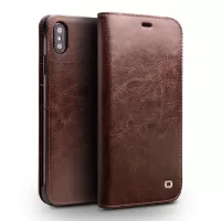 QIALINO For iPhone Xs Max 6.5 inch Genuine Cowhide Leather Wallet Case Folio Flip Phone Cover - Brown