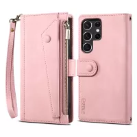 Scratch-resistant Wallet Design Phone Flip Case Drop-proof Zippered Pocket Phone Cover with Stand for Samsung Galaxy S22 Ultra 5G - Pink