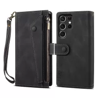 Scratch-resistant Wallet Design Phone Flip Case Drop-proof Zippered Pocket Phone Cover with Stand for Samsung Galaxy S22 Ultra 5G - Black