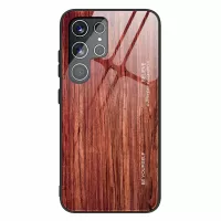 For Samsung Galaxy S22 Ultra 5G Wooden Pattern Tempered Glass Back + TPU Edge Hybrid Phone Cover Case - Wine Red
