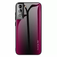 For Samsung Galaxy S22 5G Carbon Fiber Phone Case Tempered Glass PC Back + TPU Bumper Hybrid Cover - Rose
