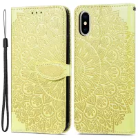 Leather Phone Case for iPhone X/XS 5.8 inch, Stylish Imprinted Dream Wings Pattern Adjustable Stand Wallet Case with Wrist Strap - Yellow