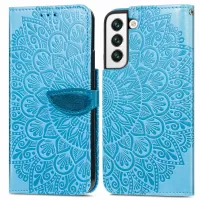 Dream Wings Pattern Magnetic Clasp Phone Case for Samsung Galaxy S22 5G, Imprinted Leather Wallet Stand Shell - Blue