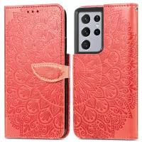 For Samsung Galaxy S21 Ultra 5G Dream Wings Pattern Magnetic Clasp Imprinted Leather Phone Case Wallet Stand Cover with Strap - Red
