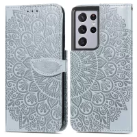 For Samsung Galaxy S21 Ultra 5G Dream Wings Pattern Magnetic Clasp Imprinted Leather Phone Case Wallet Stand Cover with Strap - Grey