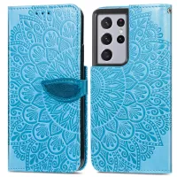For Samsung Galaxy S21 Ultra 5G Dream Wings Pattern Magnetic Clasp Imprinted Leather Phone Case Wallet Stand Cover with Strap - Blue