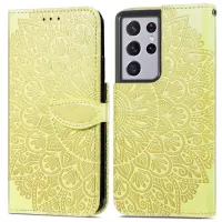 For Samsung Galaxy S21 Ultra 5G Dream Wings Pattern Magnetic Clasp Imprinted Leather Phone Case Wallet Stand Cover with Strap - Yellow