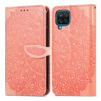For Samsung Galaxy A12 Imprinted Dream Wings Pattern Leather Stand Case Wallet Phone Cover with Wrist Strap - Orange