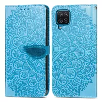 For Samsung Galaxy A12 Imprinted Dream Wings Pattern Leather Stand Case Wallet Phone Cover with Wrist Strap - Blue