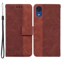 For Samsung Galaxy A03 Core Stylish Geometry Imprinted Wallet Case Stand PU Leather Folio Flip Phone Cover with Wrist Strap - Brown
