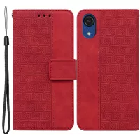 For Samsung Galaxy A03 Core Stylish Geometry Imprinted Wallet Case Stand PU Leather Folio Flip Phone Cover with Wrist Strap - Red
