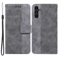 For Samsung Galaxy A13 5G Geometry Imprinting PU Leather + TPU Phone Case Wallet Stand Cover with Hand Strap - Grey