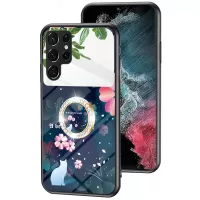 Magic Mirror Series for Samsung Galaxy S22 Ultra 5G Kickstand Flower Pattern Case Tempered Glass + PC + TPU Shockproof Phone Cover with Mirror - Sakura Cat