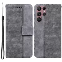 For Samsung Galaxy S22 Ultra 5G Geometry Imprinted Stand Phone Case PU Leather + TPU All-round Protection Wallet Cover - Grey