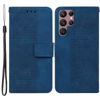 For Samsung Galaxy S22 Ultra 5G Geometry Imprinted Stand Phone Case PU Leather + TPU All-round Protection Wallet Cover - Blue
