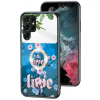 Magic Mirror Series for Samsung Galaxy S22 Ultra 5G Kickstand Flower Pattern Case Tempered Glass + PC + TPU Shockproof Phone Cover with Mirror - Sakura LOVE